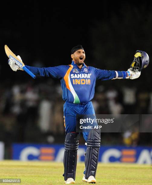 India cricketer Harbhajan Singh celebrates victory in the fourth One Day International cricket match of the Asia Cup between India and Pakistan at...