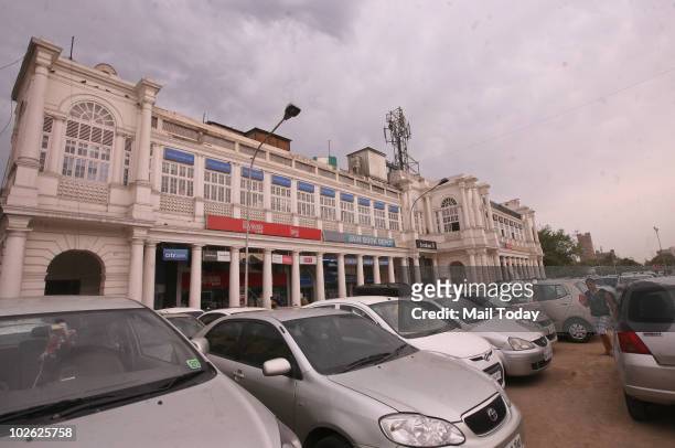 View of the construction work at Delhi's hotspot Connaught place in New Delhi on July 3, 2010. The Games makeover has made Delhi's heart look like a...