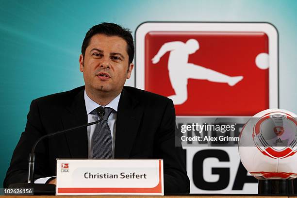 Christian Seifert, general manager of the German Football League , speaks during the presentation of the 2010/2011 Bundesliga playing schedule at a...