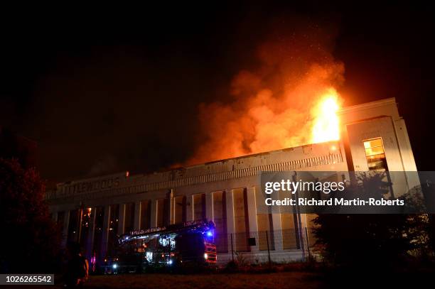 Fire blazes at the Iconic Littlewoods Pools Building on September 2, 2018 in Liverpool, England.