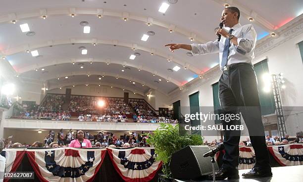 President Barack Obama answers a question during a town hall event on the economy at Racine Memorial Hall in Racine, Wisconsin, June 30, 2010. AFP...