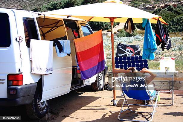 Camper bus with a solar panel producing electricity on June 25, 2010 in Rhodes, Greece . Rhodes is the largest of the Greek Dodecanes Islands.