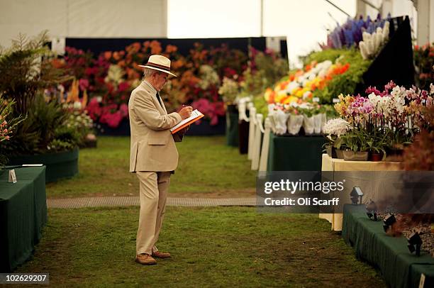 An official makes notes as he views the flowers displayed in the RHS Floral Marquee during the press preview day of the Hampton Court Palace Flower...