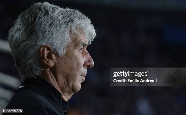 Atalanta BC coach Gian Piero Gasperini looks on before the serie A match between Atalanta BC and Cagliari at Stadio Atleti Azzurri d'Italia on...