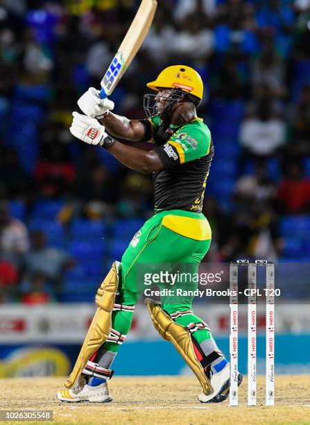 In this handout image provided by CPL T20, Rovman Powell of Jamaica Tallawahs during match 25 of the Hero Caribbean Premier League between St Kitts &...