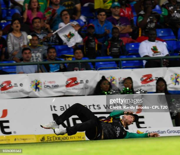 In this handout image provided by CPL T20, Rassie van der Dussen of St Kitts & Nevis Patriots fielding during match 25 of the Hero Caribbean Premier...