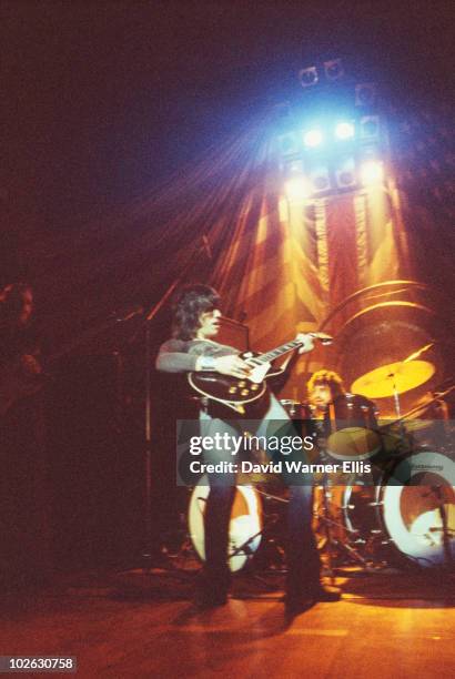 Guitarist Jeff Beck and drummer Carmine Appice perform on stage as Beck, Bogert and Appice circa 1973.