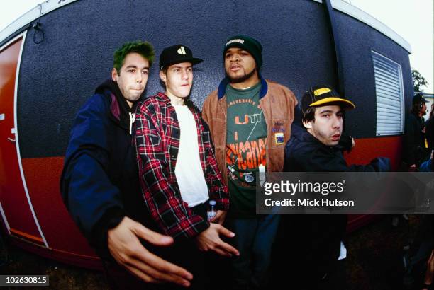 Mike D and Ad Rock of the Beastie Boys posed backstage with DJ Hurricane standing behind at the Reading Festival in Reading, Berkshire on August 29,...