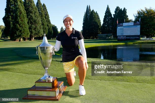 Marina Alex poses with the trophy after her victory during the final round of the LPGA Cambia Portland Classic at Columbia Edgewater Country Club on...