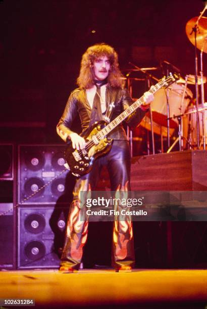 Bassist Geezer Butler of Black Sabbath performs on stage at Madison Square Garden in New York City on December 06, 1976.