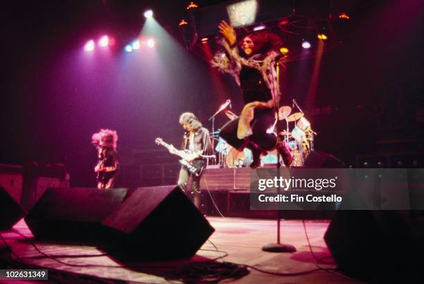 Bassist Geezer Butler, guitarist Tony Iommi and singer Ozzy Osbourne of Black Sabbath perform on stage at Madison Square Garden in New York City on...