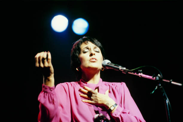 American folk singer Joan Baez performs on stage at the Rainbow Theatre in London, England in March 1980.