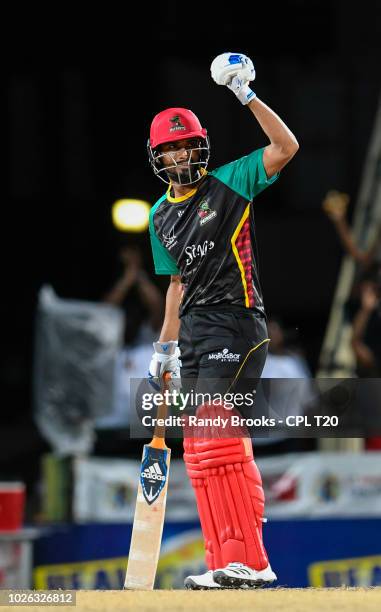 In this handout image provided by CPL T20, Mahmudullah of St Kitts & Nevis Patriots celebrates winning match 25 of the Hero Caribbean Premier League...