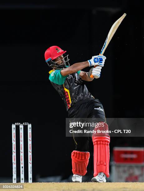 In this handout image provided by CPL T20, Mahmudullah of St Kitts & Nevis Patriots hits 6 during match 25 of the Hero Caribbean Premier League...