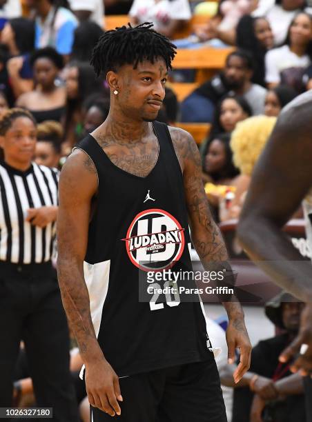 Rapper 21 Savage attends 2018 LudaDay Celebrity Basketball Game at Morehouse College - Forbes Arena on September 2, 2018 in Atlanta, Georgia.