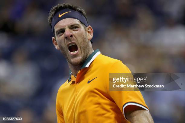 Juan Martin del Potro of Argentina celebrates after winning his men's singles fourth round match against Borna Coric of Croatia on Day Seven of the...