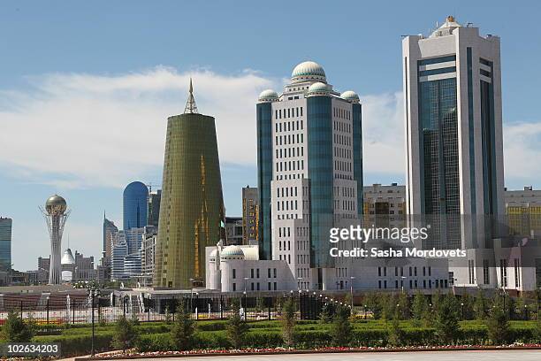 July 05: A view of the newly built skyscrapers on July 5, 2010 in Astana,Kazakhstan. The Bayterek monument, the most famous landmark in Astana, is...