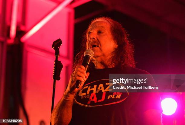 Ron Jeremy talks to the crowd at Backyard Bash 2018 at the Rainbow Bar & Grill at El Rey Theatre on September 2, 2018 in Los Angeles, California.