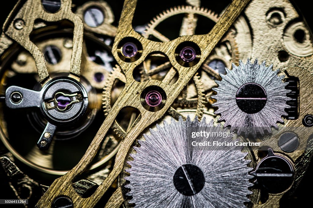 Reconstructive Clockwork Close-up of a clockwork on August 16, 2018 in Weisswasser, Germany ...