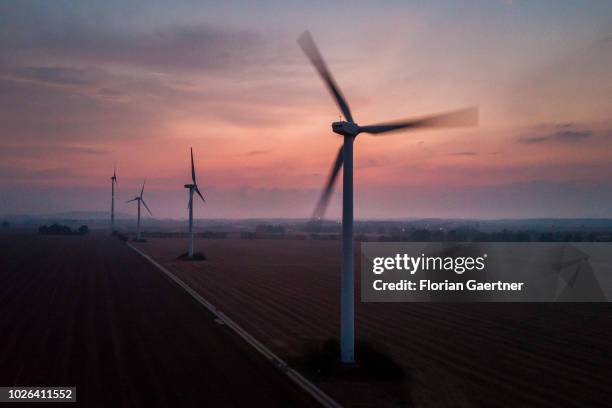 Aerial view to wind turbines during evening light on September 02, 2018 in Melaune, Germany.