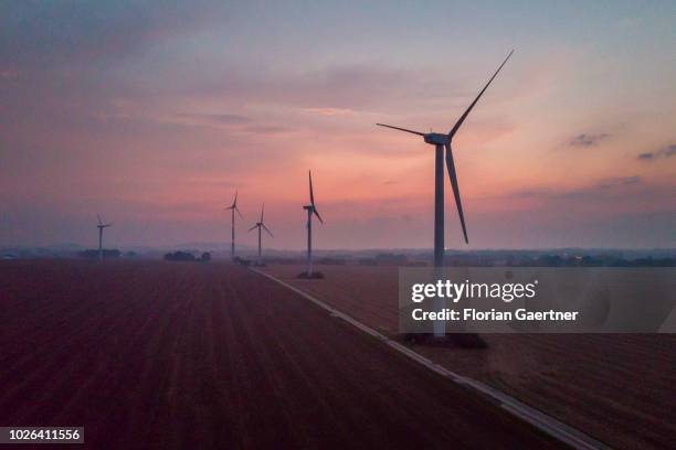 Aerial view to wind turbines during evening light on September 02, 2018 in Melaune, Germany.