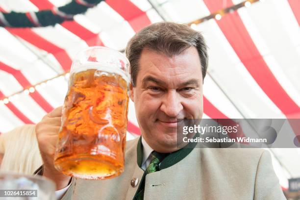 Markus Soeder, Governor of Bavaria and lead candidate of the Bavarian Social Union , attends the annual gathering of politicians in beer tents at the...