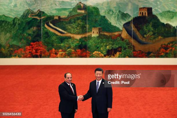 Egypt's President Abdel Fattah al-Sisi, left, shakes hands with Chinese President Xi Jinping during the Forum on China-Africa Cooperation held at the...