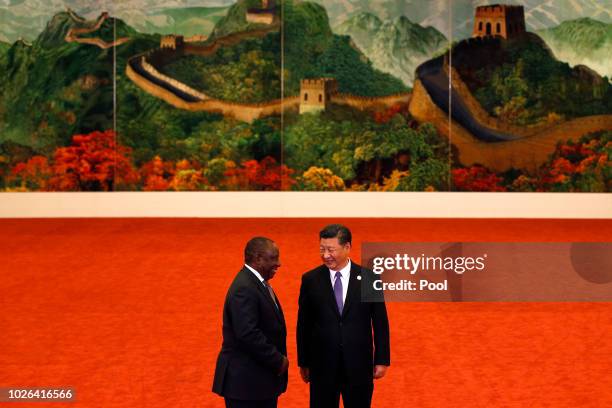 Chinese President Xi Jinping, right, chats with South African President Cyril Ramaphosa during the Forum on China-Africa Cooperation held at the...