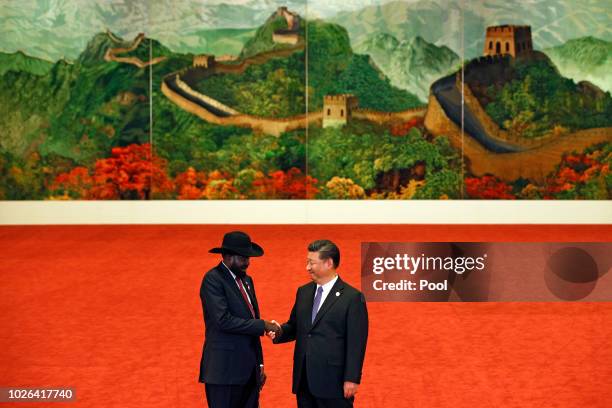 South Sudan President Salva Kiir Mayardit, left, shakes hands with Chinese President Xi Jinping during the Forum on China-Africa Cooperation held at...