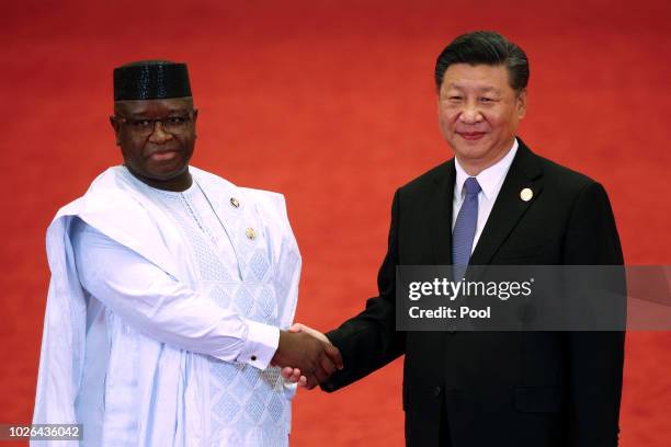 Sierra Leone President Julius Maada Bio, left, shakes hands with Chinese President Xi Jinping as they pose for photograph during the Forum on...