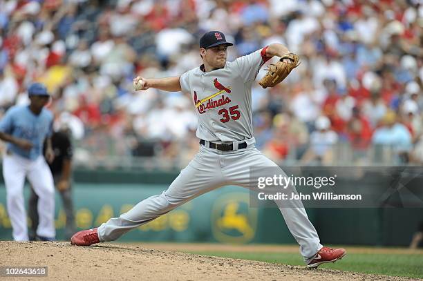 Adam Ottavino of the St. Louis Cardinals pitches during the game against the Kansas City Royals at Kauffman Stadium on June 27, 2010 in Kansas City,...