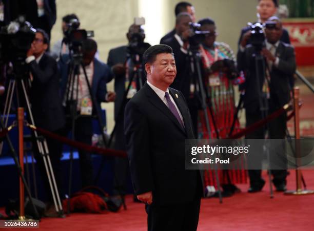 Chinese President Xi Jinping arrive to welcome African leaders during the Forum on China-Africa Cooperation 2018 Beijing Summit on September 3, 2018...