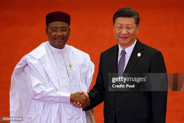 Niger President Mahamadou Issoufou, left, shakes hands with Chinese President Xi Jinping as they pose for photograph during the Forum on China-Africa...