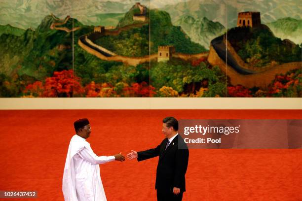 Niger President Mahamadou Issoufou, left, shakes hands with Chinese President Xi Jinping during the Forum on China-Africa Cooperation held at the...