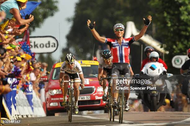 Thor Hushovd of the Canadian-owned Cervelo TestTeam sprints to the finish along the 213km stage three of the Tour de France on July 6, 2010 in...