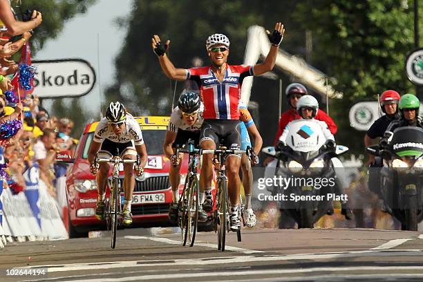 Thor Hushovd of the Canadian-owned Cervelo TestTeam sprints to the finish along the 213km stage three of the Tour de France on July 6, 2010 in...