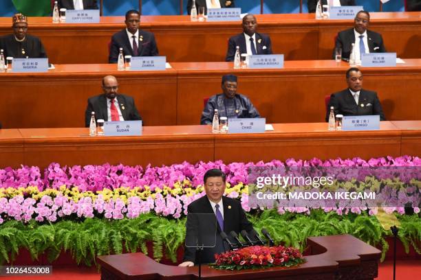 China's President Xi Jinping gives a speech during the opening ceremony of the Forum on China-Africa Cooperation at the Great Hall of the People in...