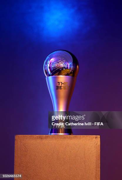 Detail view of a FIFA Best Award Trophy during a Press Conference, ahead of The Best FIFA Football Awards 2018 on September 3, 2018 in London,...