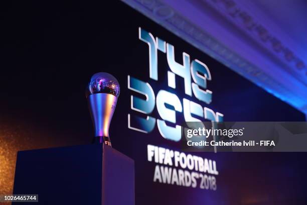 Detail view of a FIFA Best Award Trophy during a Press Conference, ahead of The Best FIFA Football Awards 2018 on September 3, 2018 in London,...