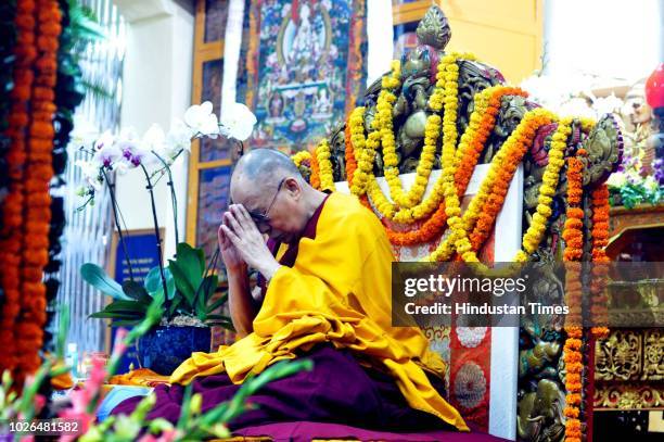 Tibetan spiritual leader the Dalai Lama during a prayer session at the Tsuglagkhang Temple, on September 3, 2018 in Dharamshala, India.