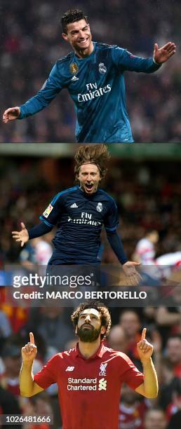 This combination of pictures created on September 03, 2018 shows Real Madrid's former Portuguese forward Cristiano Ronaldo celebrates after scoring a...