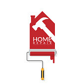 vector illustrator design of paint roller painting red color on white wall in shape of house logo with white shadow of hammer with text home repair. home renovation service and painting concept