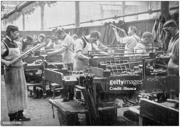 navy and army antique historical photographs: industrial construction of rifles - history stock illustrations