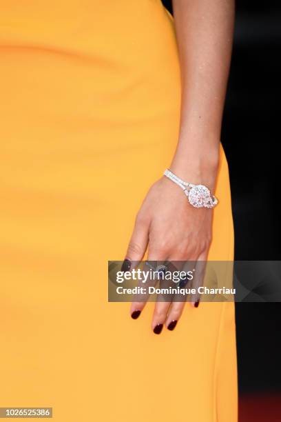 Nicole Warne, jewelry detail, walks the red carpet ahead of the 'At Eternity's Gate' screening during the 75th Venice Film Festival at Sala Grande on...