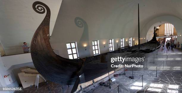The Oseberg ship from around 800 AD is one of the most well preserved viking ships from the period. The viking ship museum, Oslo, Norway 28 August...
