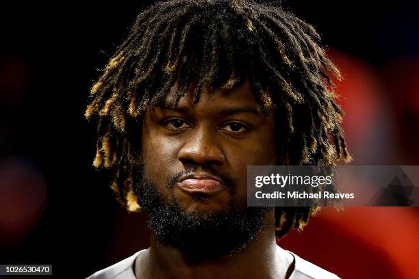 Odubel Herrera of the Philadelphia Phillies looks on against the Miami Marlins at Marlins Park on September 3, 2018 in Miami, Florida.