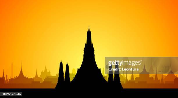 wat arun, bangkok (all buildings are separate and complete) - thailand skyline stock illustrations