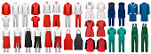 Mega set of overalls with worker and medical clothes. Design template. Vector illustration.