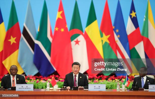 Chinese President Xi Jinping speaks with South African President Cyril Ramaphosa during the 2018 Beijing Summit Of The Forum On China-Africa...