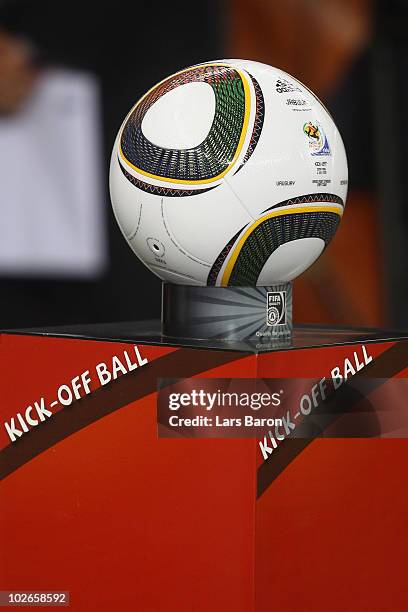 The jabulani match ball is pictured prior to the 2010 FIFA World Cup South Africa Semi Final match between Uruguay and the Netherlands at Green Point...